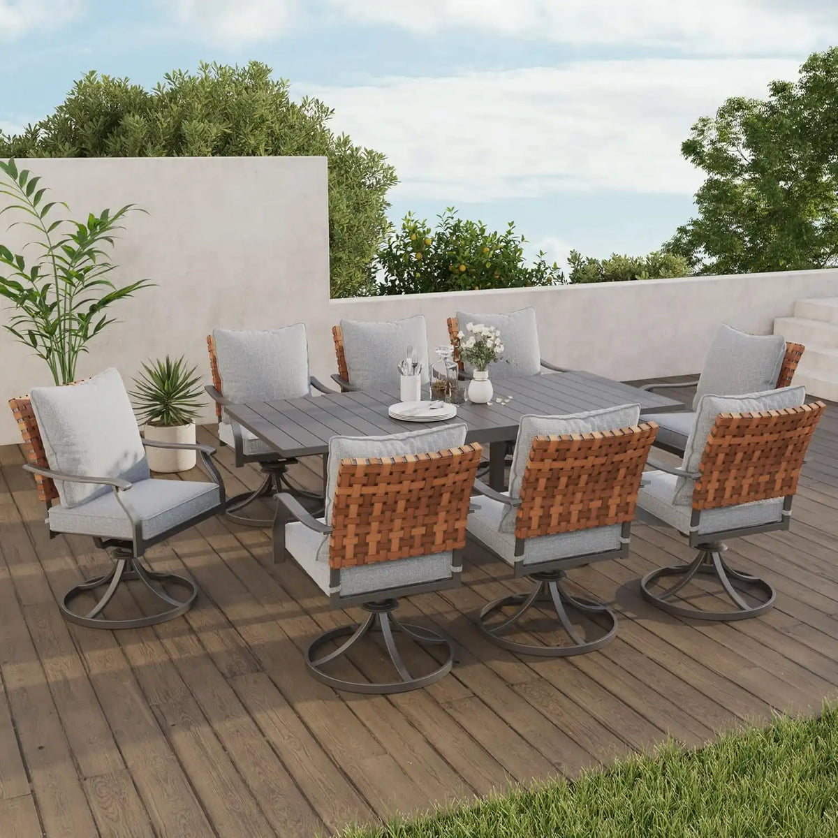 Grand patio 9-Pc Outdoor Swivel Dining Set, 8 Gray Chairs + Table, Black