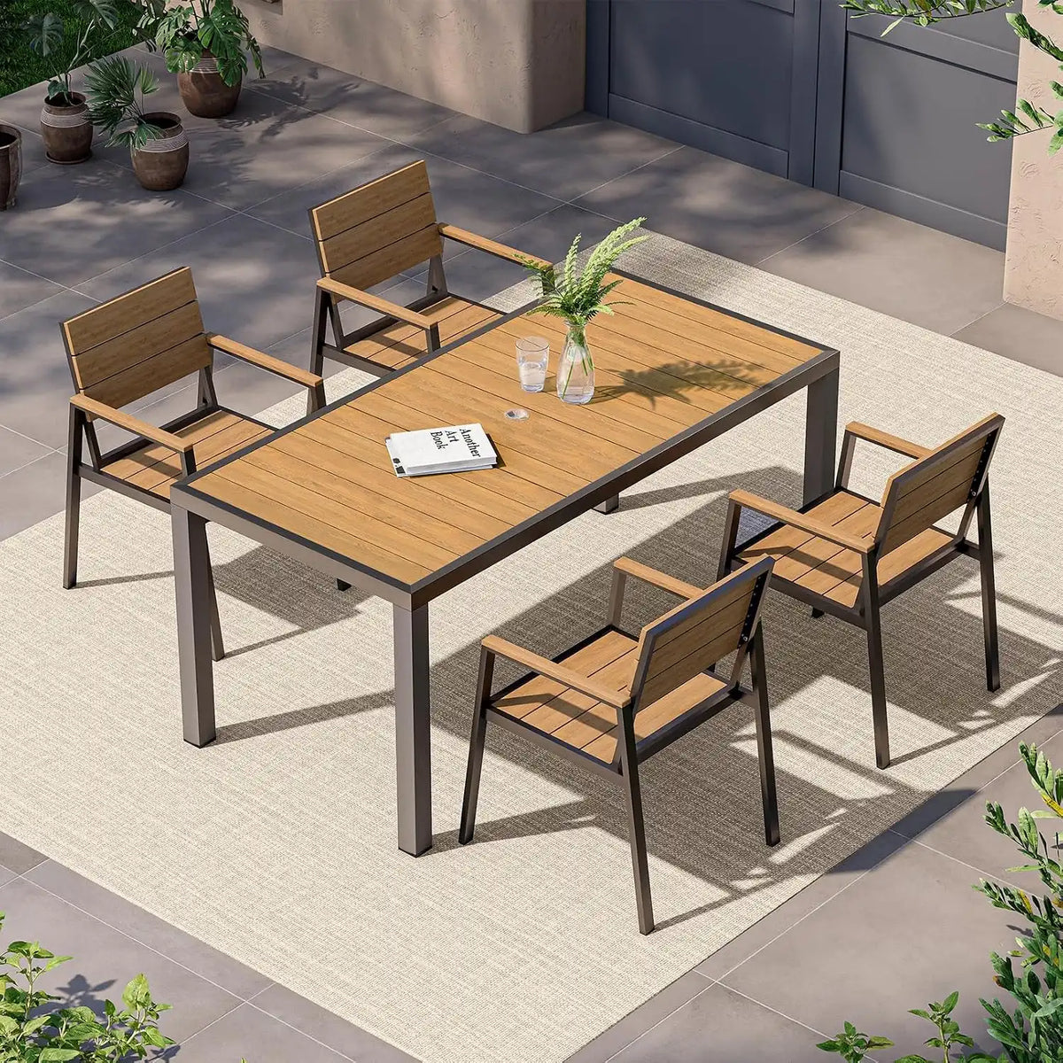 Vexwalx Outdoor Dining Set, Aluminum Dining Table Set for 4, Patio Table and Chairs Set with Umbrella Hole, All Weather HDPS Outdoor Table and Chairs for 4 (5-Piece, Gray-Teak)