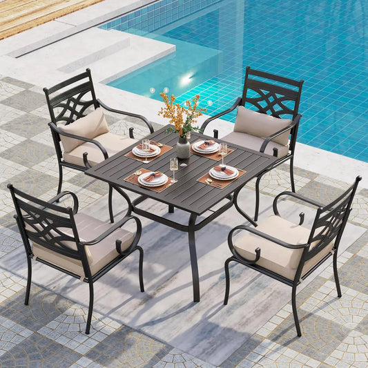 PHI VILLA Patio Dining Set, Square Metal Table