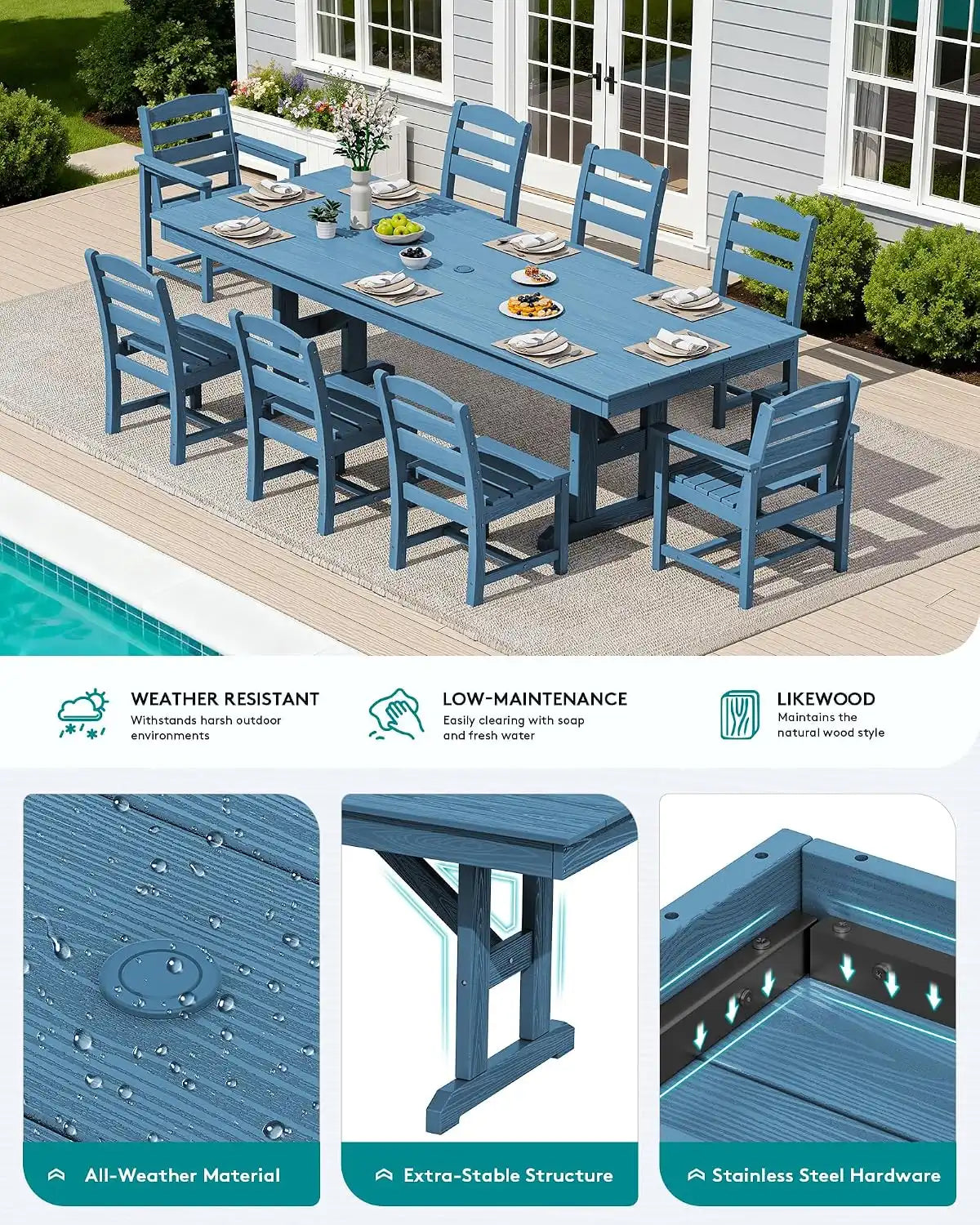 SERWALL 9Pcs HDPE Outdoor Dining Set w/6 Armless, 2 Armchairs for 8,Blue