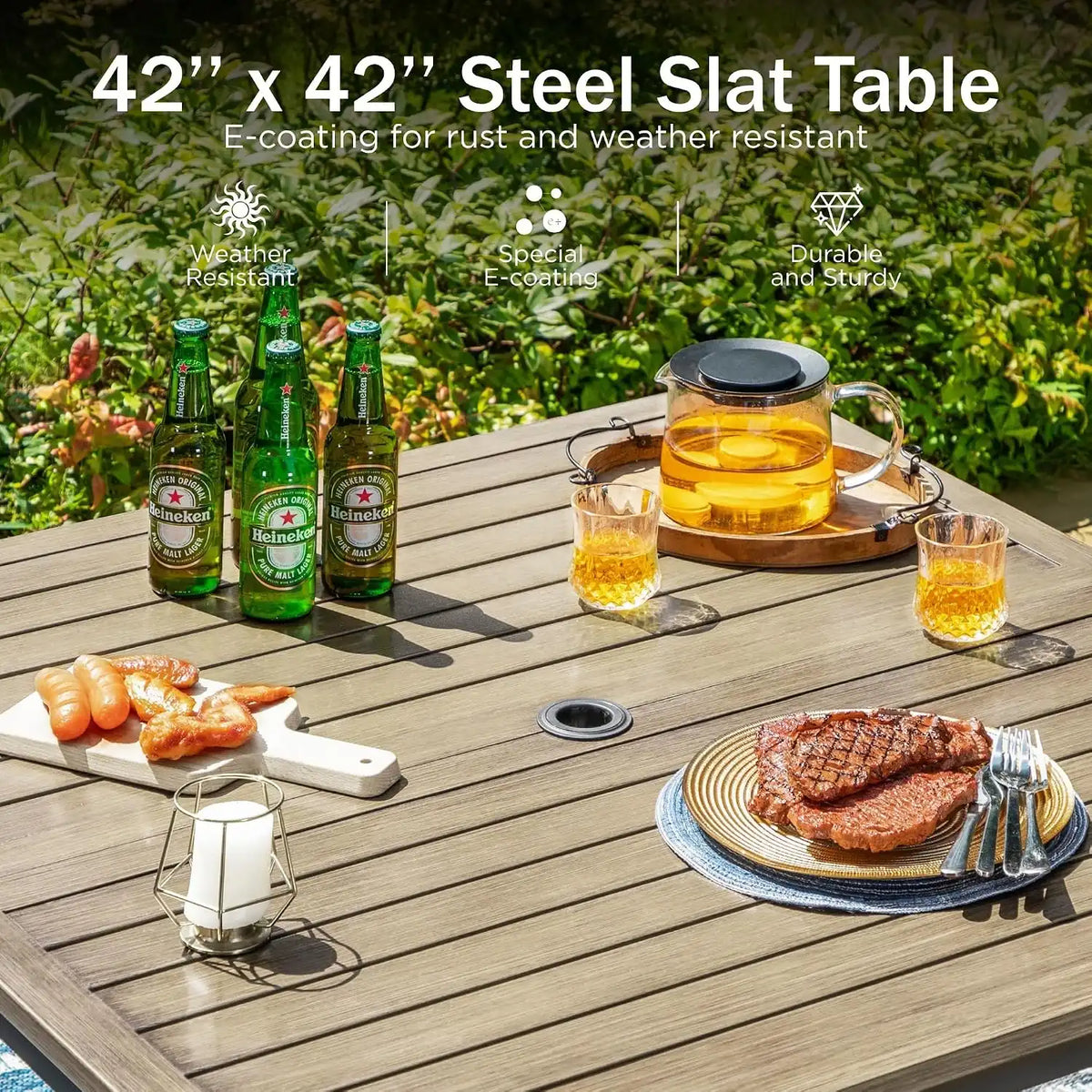 PHI VILLA Patio Dining Set, Square Metal Table