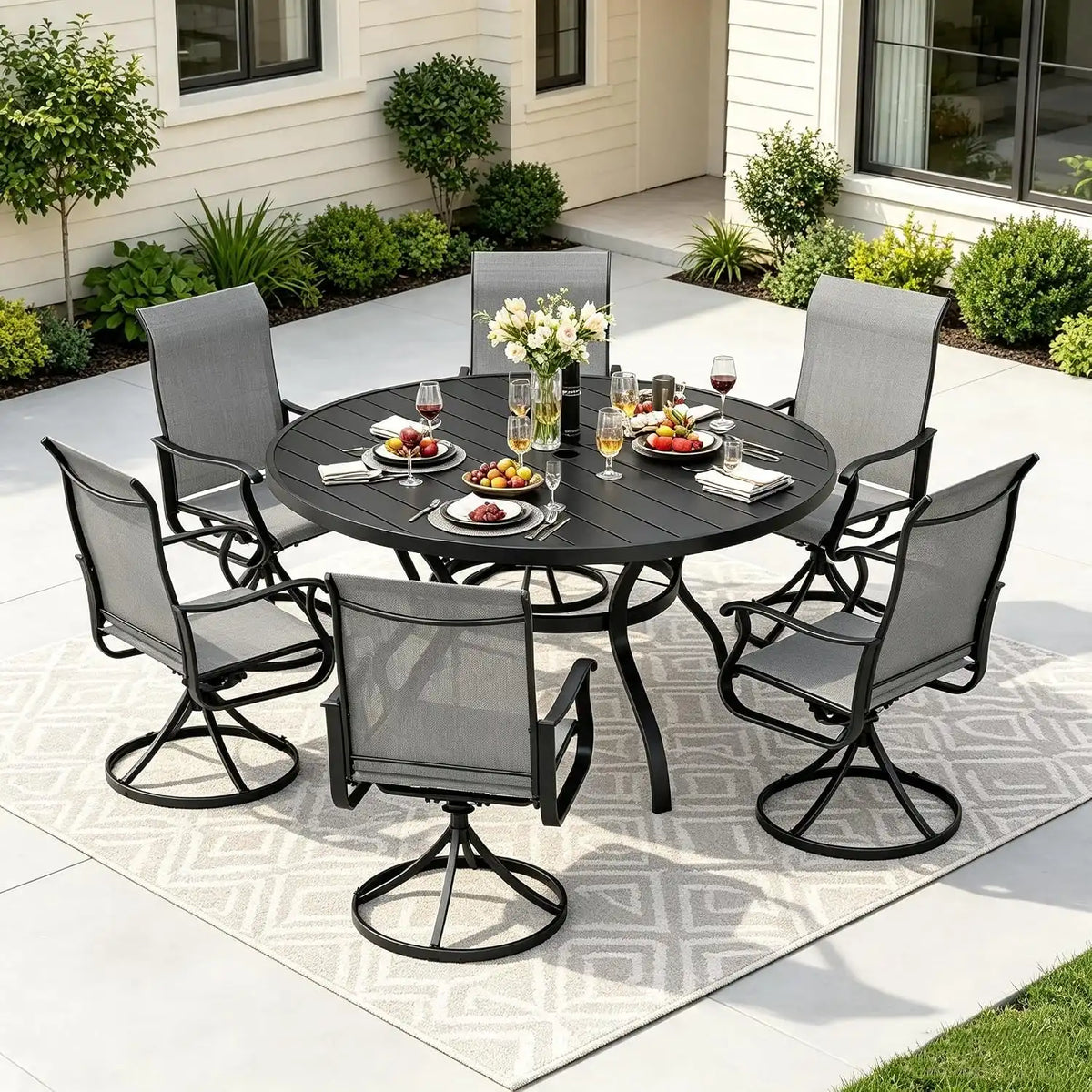 SUNCROWN 7-Piece Outdoor Patio Dining Set, All Weather Round Metal Table & 6 Dark Gray Swivel Textilene Mesh Chairs, Weather Resistant Patio Furniture for Deck Lawn Garden Backyard Poolside