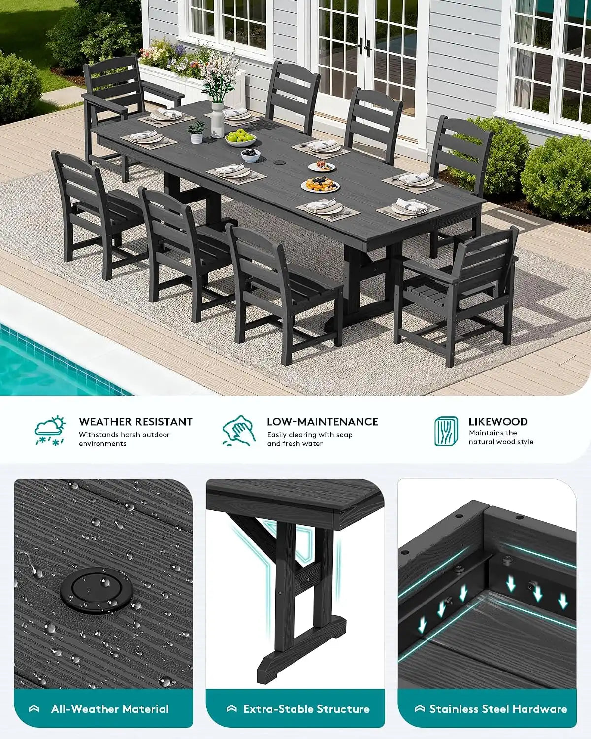 SERWALL 9Pcs HDPE Outdoor Dining Set w/6 Armless, 2 Armchairs for 8,Black