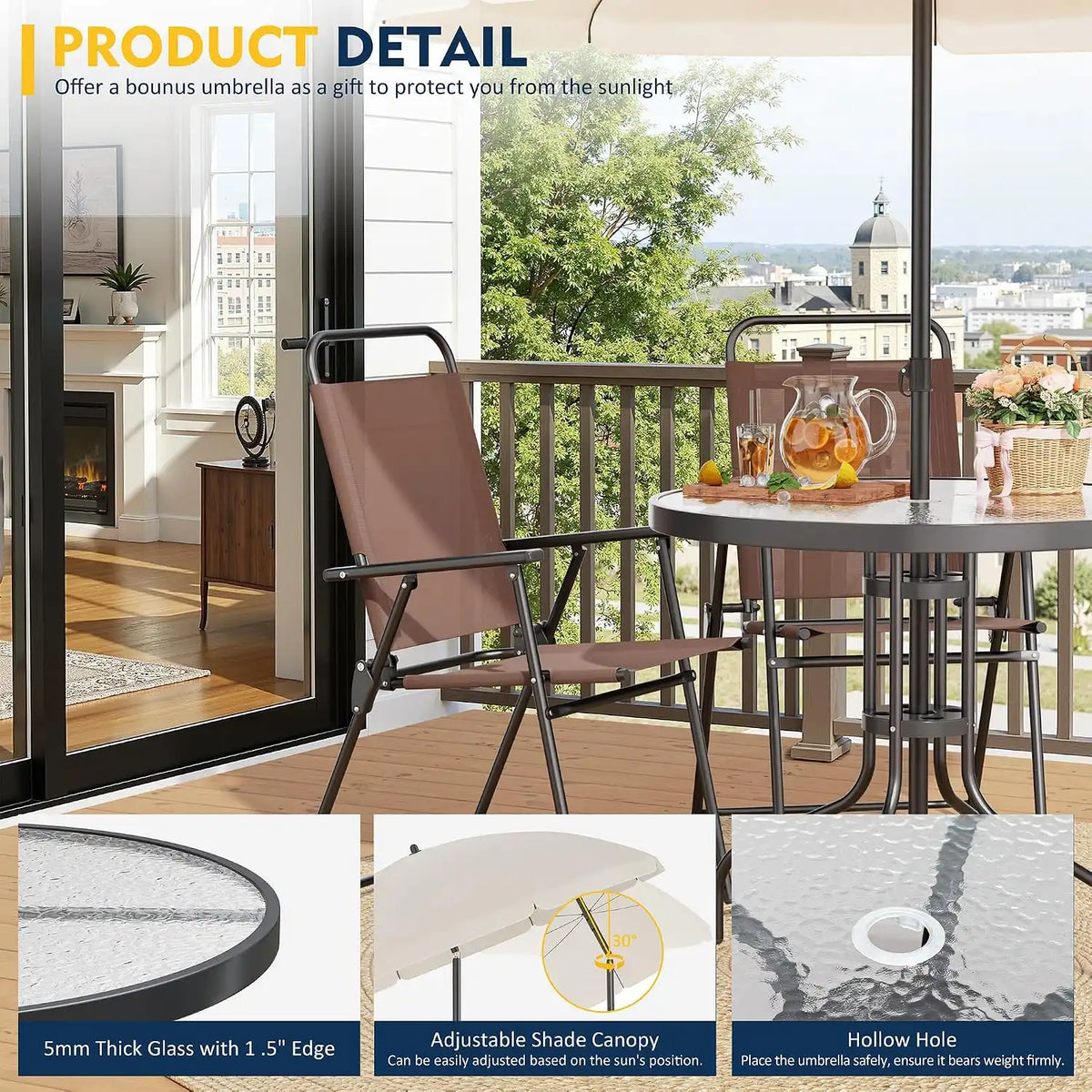 Shintenchi 6 Piece Patio Dining Set with Umbrella, Outdoor Furniture Set with 4 Folding Chairs and Tempered Glass Top Dining Table for Lawn Backyard Garden Porch, Brown and Beige
