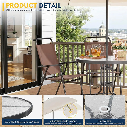 Shintenchi 6 Piece Patio Dining Set with Umbrella, Outdoor Furniture Set with 4 Folding Chairs and Tempered Glass Top Dining Table for Lawn Backyard Garden Porch, Brown and Beige