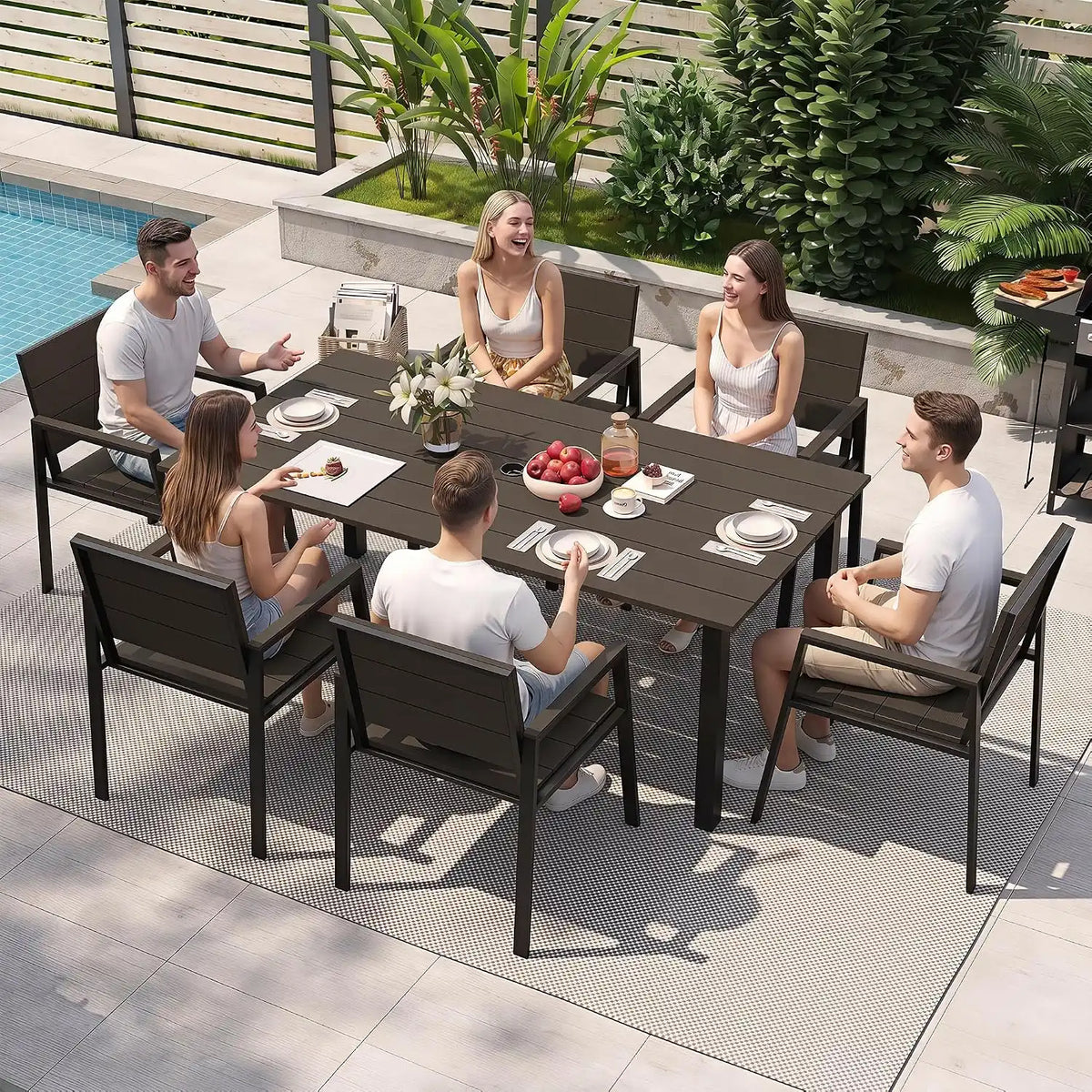 Outdoor Table and Chairs for 6 Aluminum Patio Dining Set with Umbrella Hole