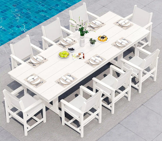 SERWALL 9Pcs HDPE Outdoor Dining Set for 8 with Sling Chairs, White