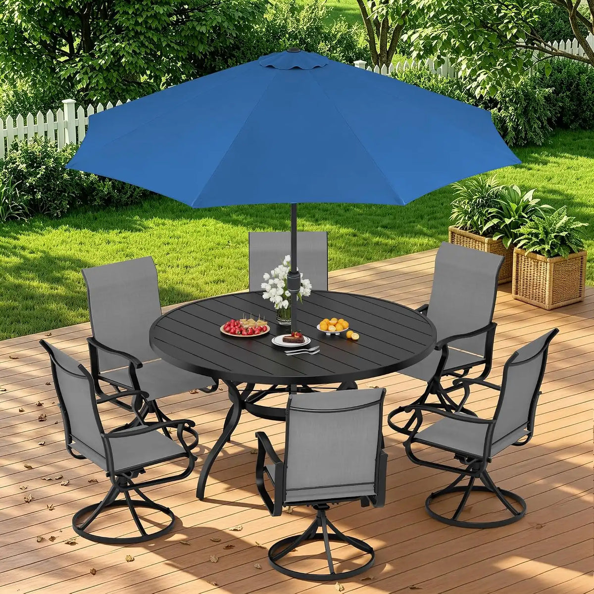 SUNCROWN 8-Piece Outdoor Dining Set, All Weather Patio Furniture Sets with 6 Dark Gray Swivel Textilene Mesh Chairs & Round Metal Table & 1 Dark Blue 9Ft Umbrella for Deck Garden Backyard Poolside