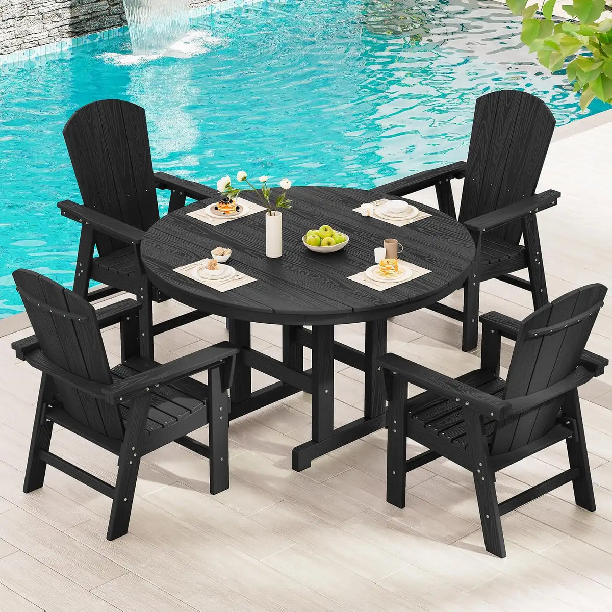 SERWALL 5-Piece Patio Dining Set, 45" Table & 4 Adirondack Chairs, Black