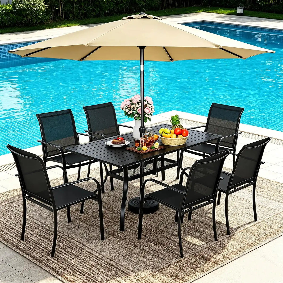 SUNCROWN 8 - Piece Outdoor Dining Set, Patio Furniture Set with 6 Textilene Dinning Chairs, 1 Rectangle Metal Table and 1 Brown 9Ft Patio Umbrella for Lawn Garden Backyard Deck, Black