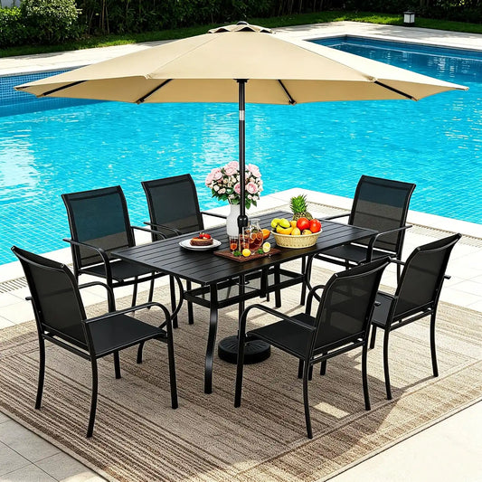 SUNCROWN 8 - Piece Outdoor Dining Set, Patio Furniture Set with 6 Textilene Dinning Chairs, 1 Rectangle Metal Table and 1 Brown 9Ft Patio Umbrella for Lawn Garden Backyard Deck, Black