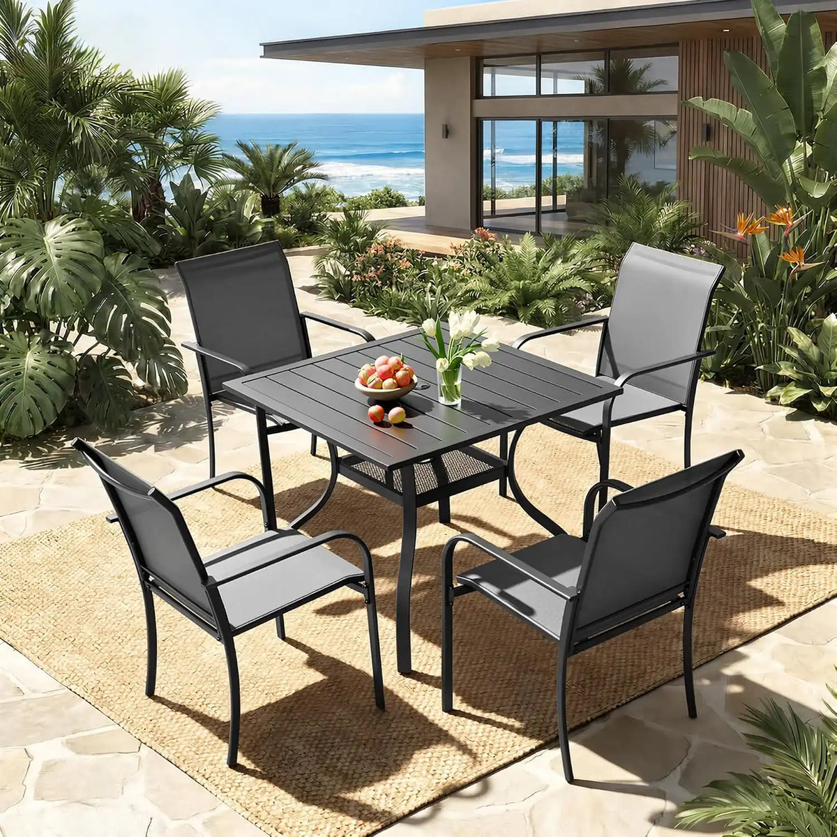 SUNCROWN 5-Piece Outdoor Dining Set, Patio Furniture Set with 4 x Textilene Dinning Chairs and 1 Steel Slat Metal Bistro Table for Garden Deck Lawn Backyard, Grey