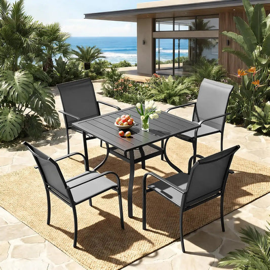 SUNCROWN 5-Piece Outdoor Dining Set, Patio Furniture Set with 4 x Textilene Dinning Chairs and 1 Steel Slat Metal Bistro Table for Garden Deck Lawn Backyard, Grey