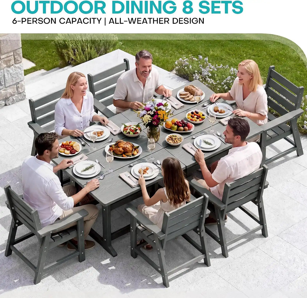 HDPE Outdoor Dining Set, Patio Dining Set of 8, Gray