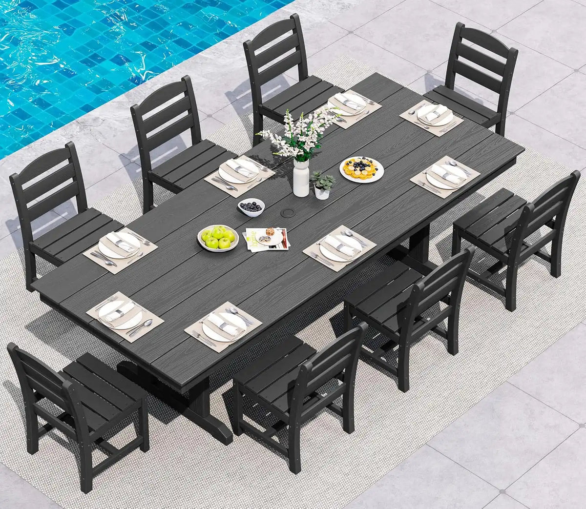 SERWALL 9Pcs 84" HDPE Outdoor Dining Set for 8 with Armless Chairs,Black
