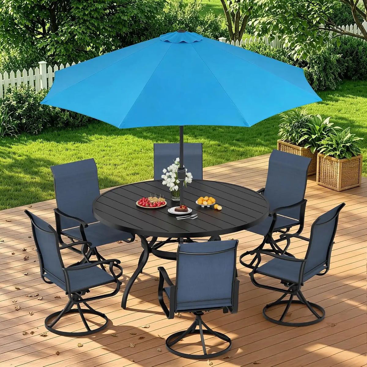 SUNCROWN 8-Piece Outdoor Dining Set, All Weather Patio Furniture Sets with 6 Dark Blue Swivel Textilene Mesh Chairs & Round Metal Table & 1 Light Blue 9Ft Umbrella for Deck Garden Backyard Poolside