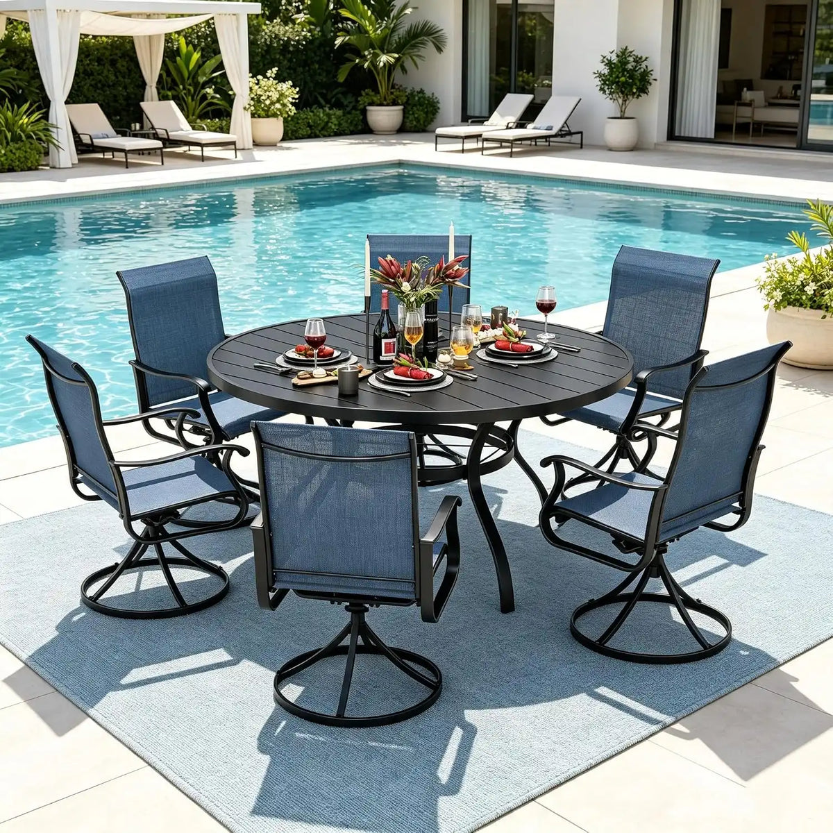 SUNCROWN 7-Piece Outdoor Patio Dining Set, All Weather Round Metal Table & 6 Dark Blue Swivel Textilene Mesh Chairs, Weather Resistant Patio Furniture for Deck Lawn Garden Backyard Poolside
