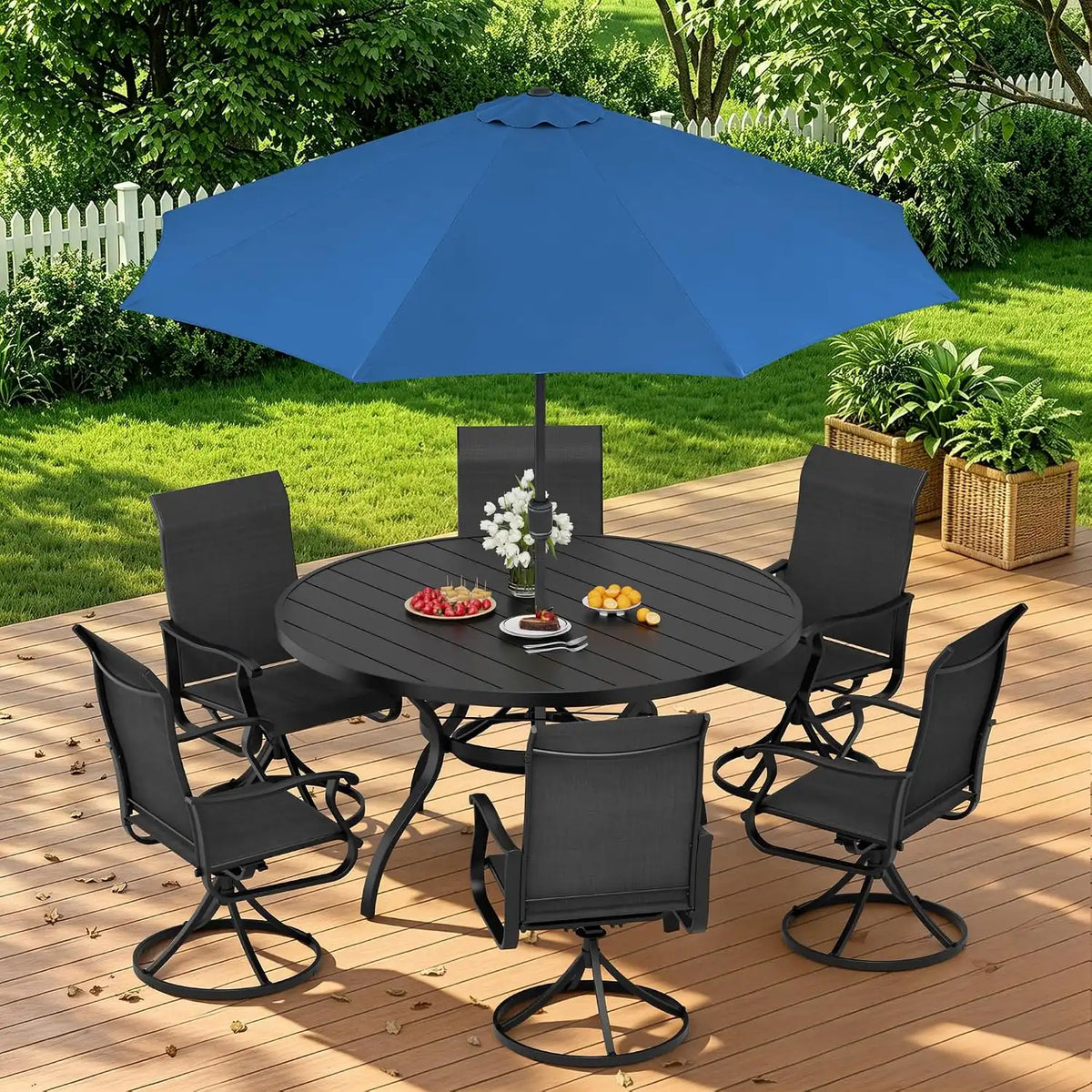 SUNCROWN 8-Piece Outdoor Dining Set, All Weather Patio Furniture Sets with 6 Black Swivel Textilene Mesh Chairs & Round Metal Table & 1 Dark Blue 9Ft Umbrella for Deck Garden Backyard Poolside