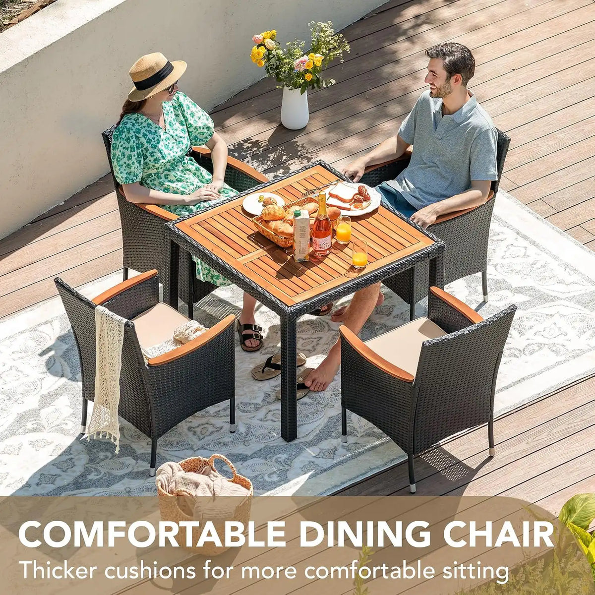 Devoko 5 PCS Acacia Wood Patio Dining Set, Black Rattan