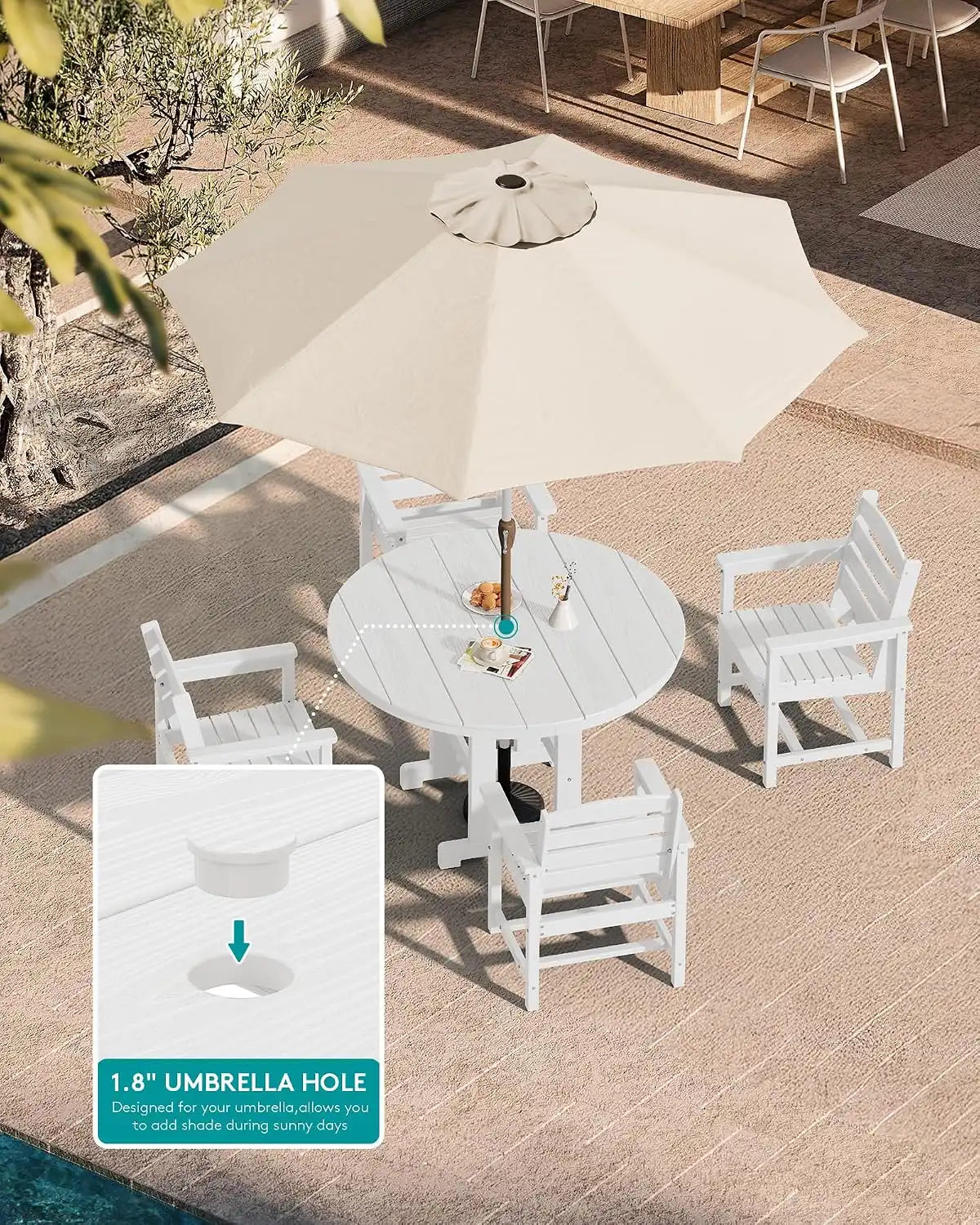 SERWALL 5-Piece Patio Dining Set, 45" Round Table, 4 Chairs, White