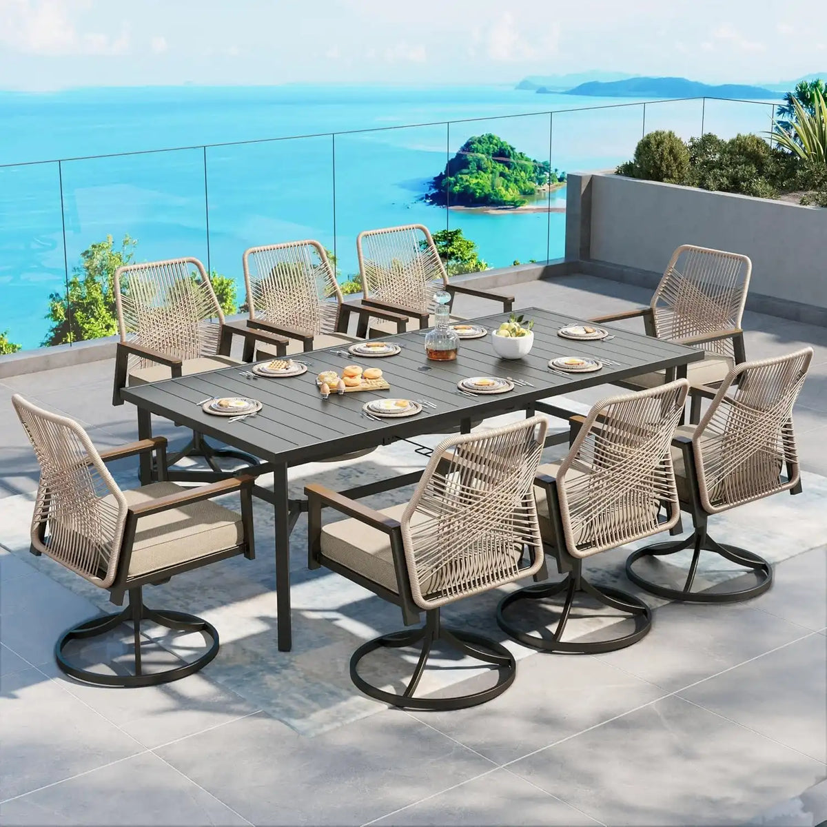 SUNSHINE VALLEY 9pc Patio Dining Set, 83" Metal Table & 8 Swivel Chairs