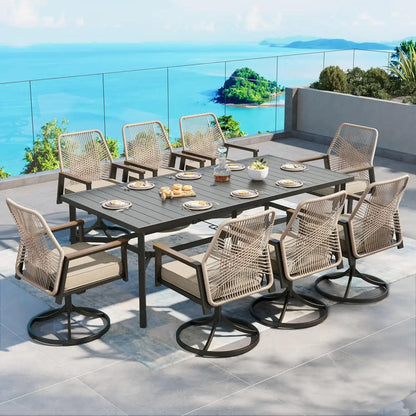 SUNSHINE VALLEY 9pc Patio Dining Set, 83" Metal Table & 8 Swivel Chairs