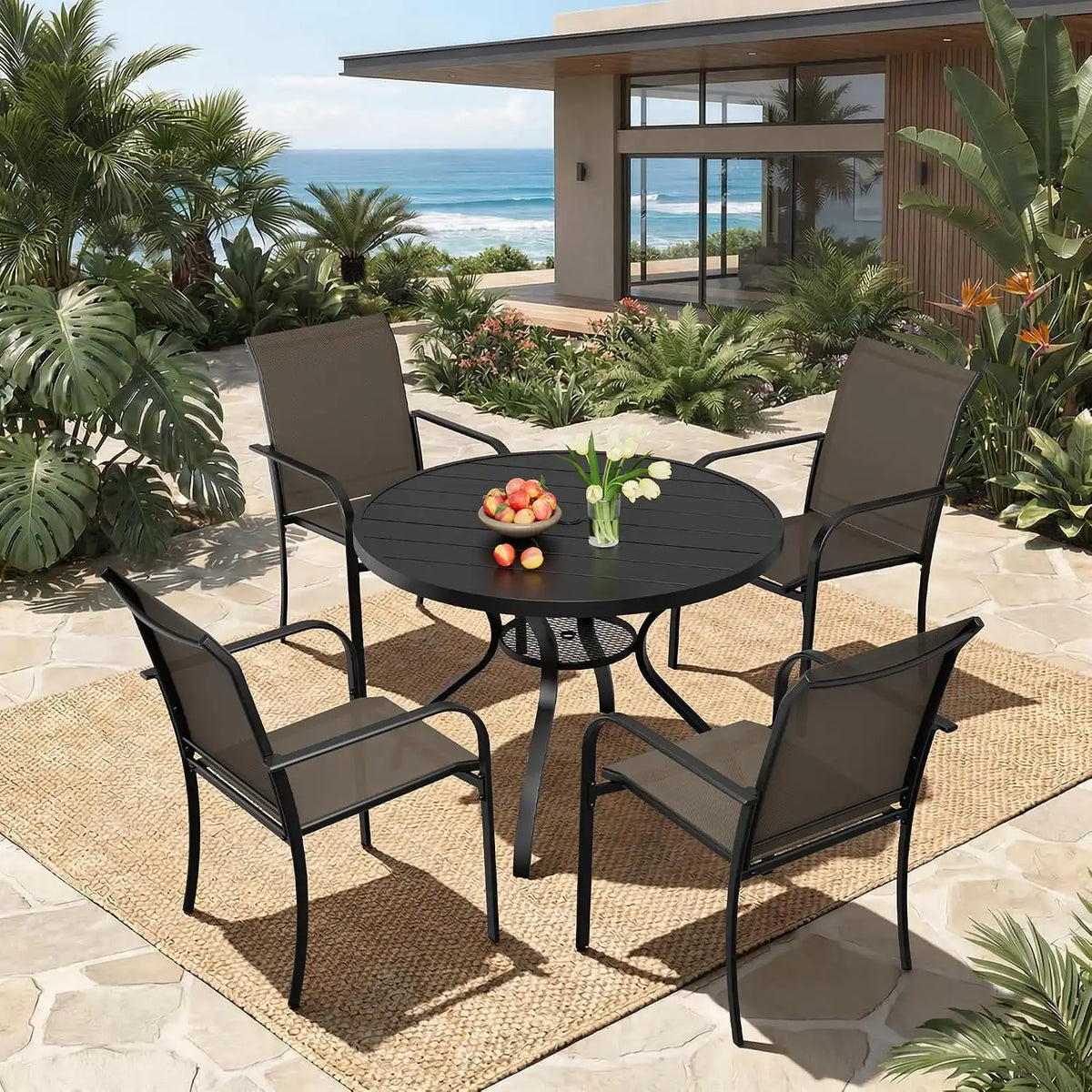 SUNCROWN 5 - Piece Outdoor Dining Set, Patio Furniture Set with 4 x Textilene Dinning Chairs and 41" Metal Round Table with Umbrella Hole for Lawn Garden Backyard Deck, Brown