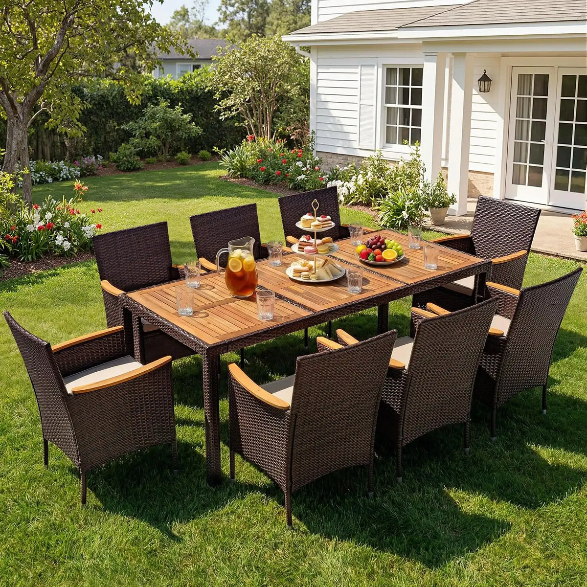 Devoko 9 PCS Acacia Wood Patio Dining Set, Brown Rattan