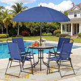 Shintenchi 6 Piece Patio Dining Set with Umbrella, Outdoor Furniture Set with 4 Folding Chairs and Tempered Glass Top Dining Table fot Lawn Backyard Garden Porch, Dark Blue