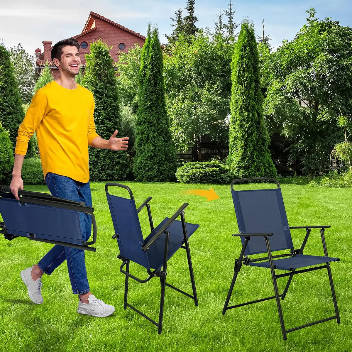 Shintenchi 6 Piece Patio Dining Set with Umbrella, Outdoor Furniture Set with 4 Folding Chairs and Tempered Glass Top Dining Table fot Lawn Backyard Garden Porch, Dark Blue