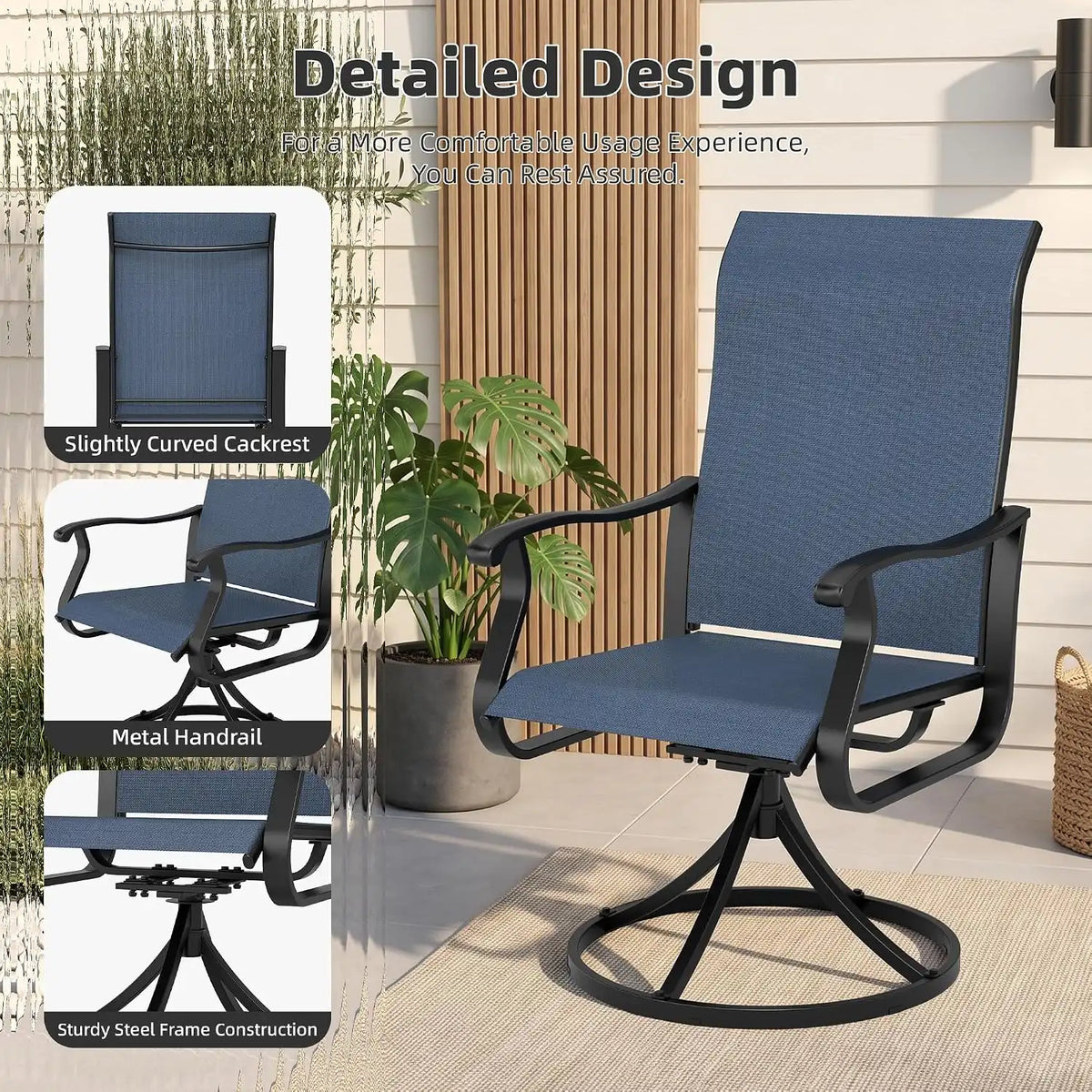 SUNCROWN 6-Piece Outdoor Dining Set, All Weather Patio Furniture Sets with 4 Dark Blue Swivel Textilene Mesh Chairs & Round Metal Table & 1 Light Blue 9Ft Umbrella for Deck Garden Backyard Poolside