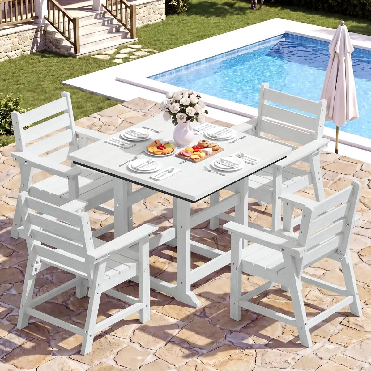 HDPE Outdoor Dining Set, Patio Dining Set of 5, White