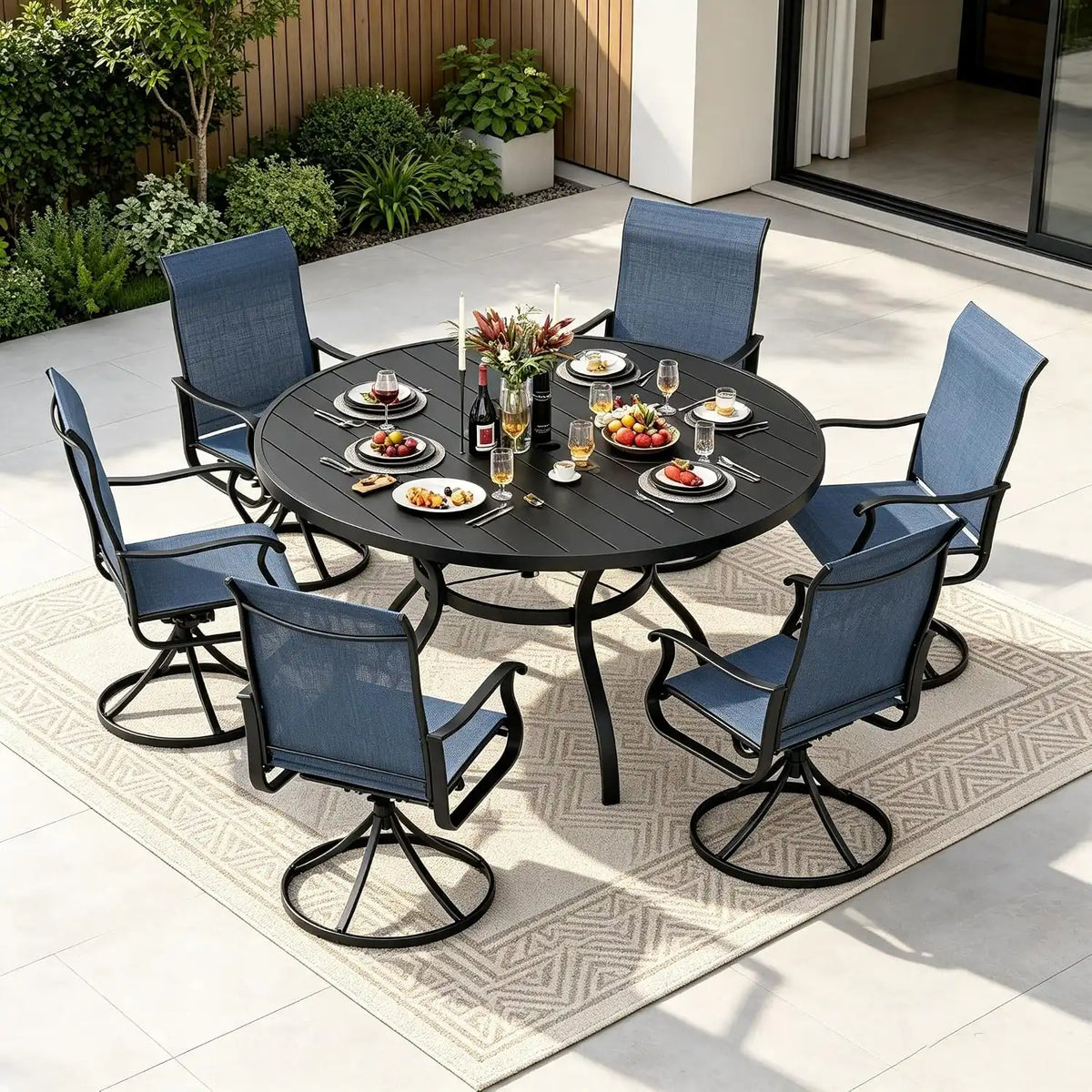 SUNCROWN 7-Piece Outdoor Patio Dining Set, All Weather Round Metal Table & 6 Dark Blue Swivel Textilene Mesh Chairs, Weather Resistant Patio Furniture for Deck Lawn Garden Backyard Poolside