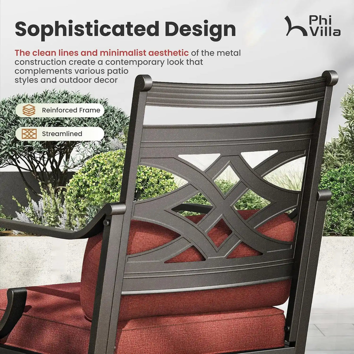 PHI VILLA 9 Piece, Outdoor Dining Set, 57.5" Square Table, Umbrella Hole | Wrought Iron, Iron Chairs, Cushions, Black & Red, Weather-Resistant