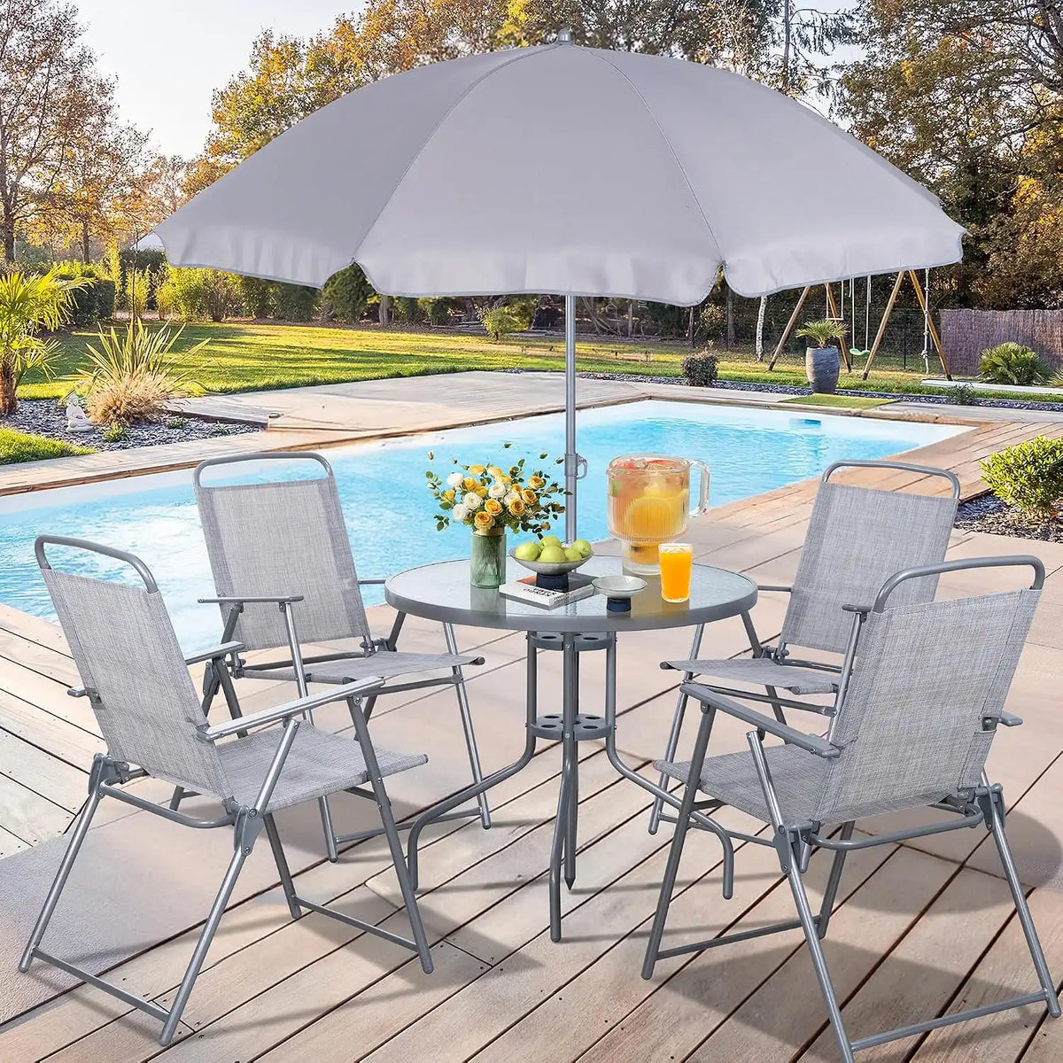 Vongrasig 6 Pieces Folding Patio Dining Set, All Weather Small Metal Outdoor Table and Chair Set, Garden Patio Furniture Set w/Umbrella, Glass Table & 4 Folding Chairs for Lawn, Backyard, Silver