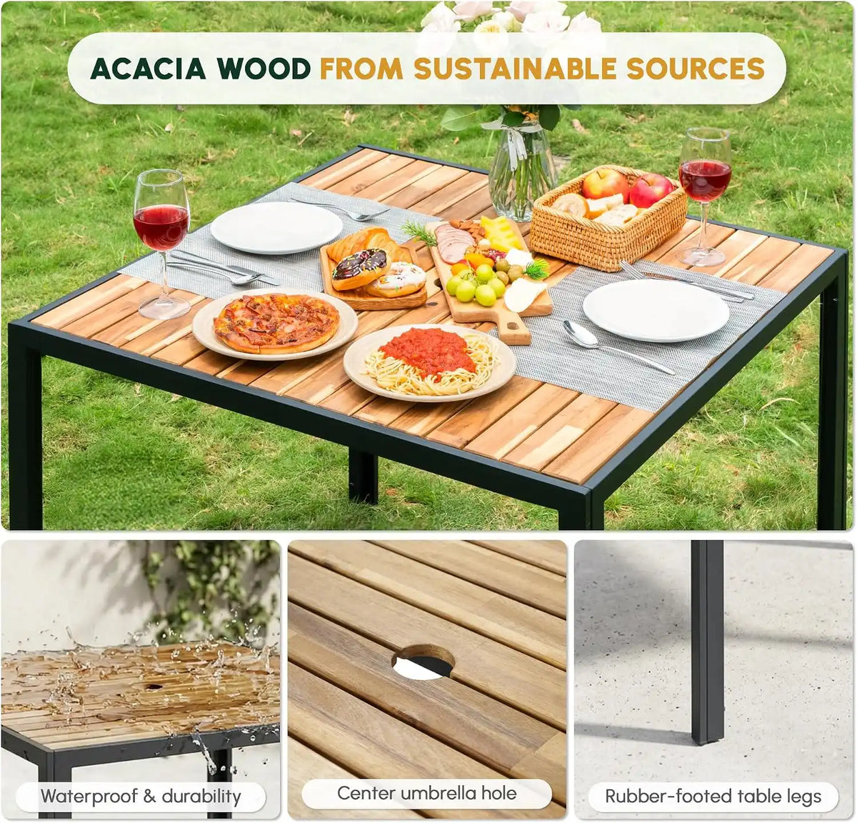 5 PCS Acacia Wood Patio Dining Set, Yellow & White