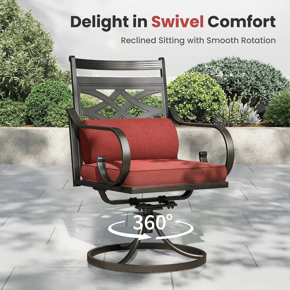 PHI VILLA Outdoor Dining Set with Umbrella for 4, 37" Metal Square Table & Wrought Iron Swivel Chairs, Patio Furniture with Red Cushions & Pillows for Deck, Porch