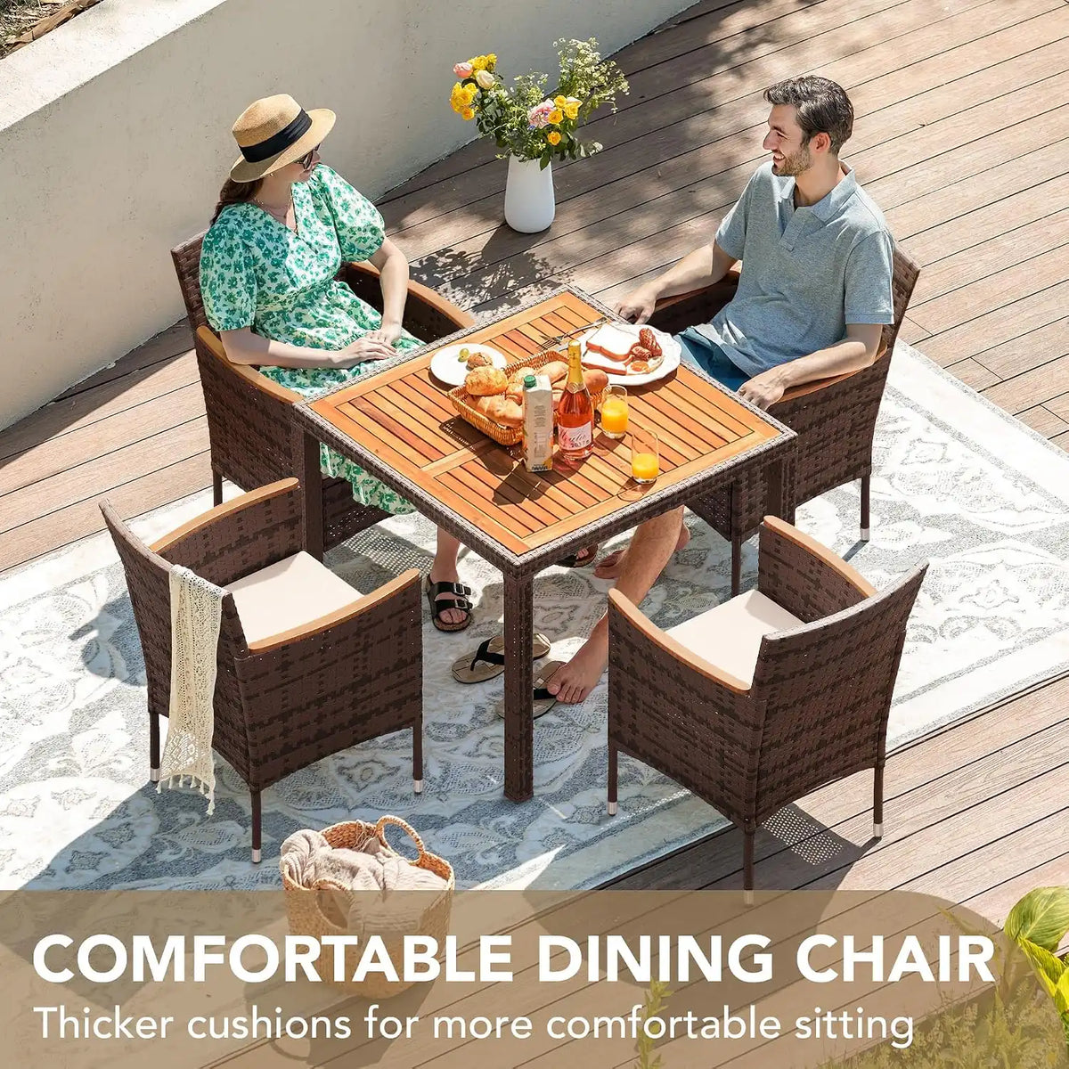 Devoko 5 PCS Acacia Wood Patio Dining Set, Brown Rattan