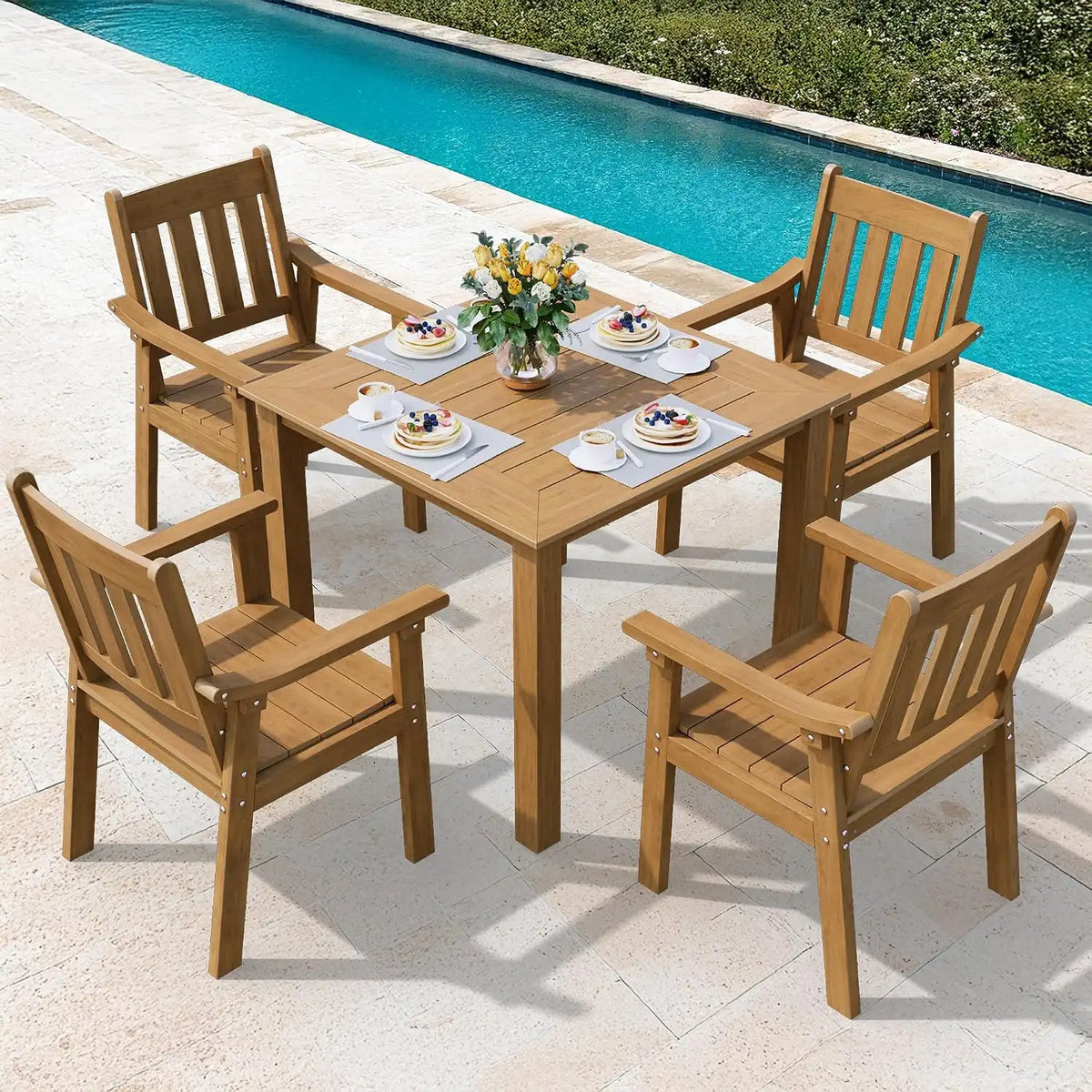 YEFU Patio Table Set for 4, All-Weather HIPS, Metal Aluminum Frame, Teak