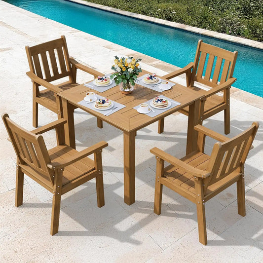 YEFU Patio Table Set for 4, All-Weather HIPS, Metal Aluminum Frame, Teak