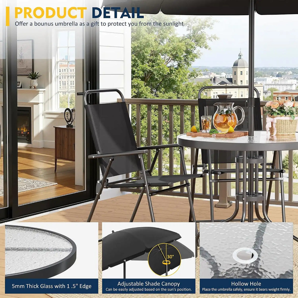 Shintenchi 6 Piece Patio Dining Set with Umbrella, Outdoor Furniture Set with 4 Folding Chairs and Tempered Glass Top Dining Table for Lawn Backyard Garden Porch, Black