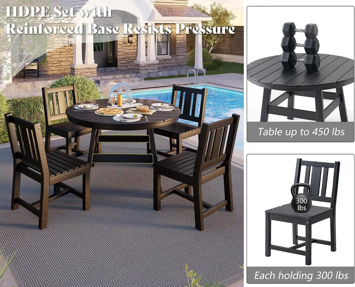 AMERLIFE Outdoor Dining Set for 4, HDPE Round Table and Chairs, Black