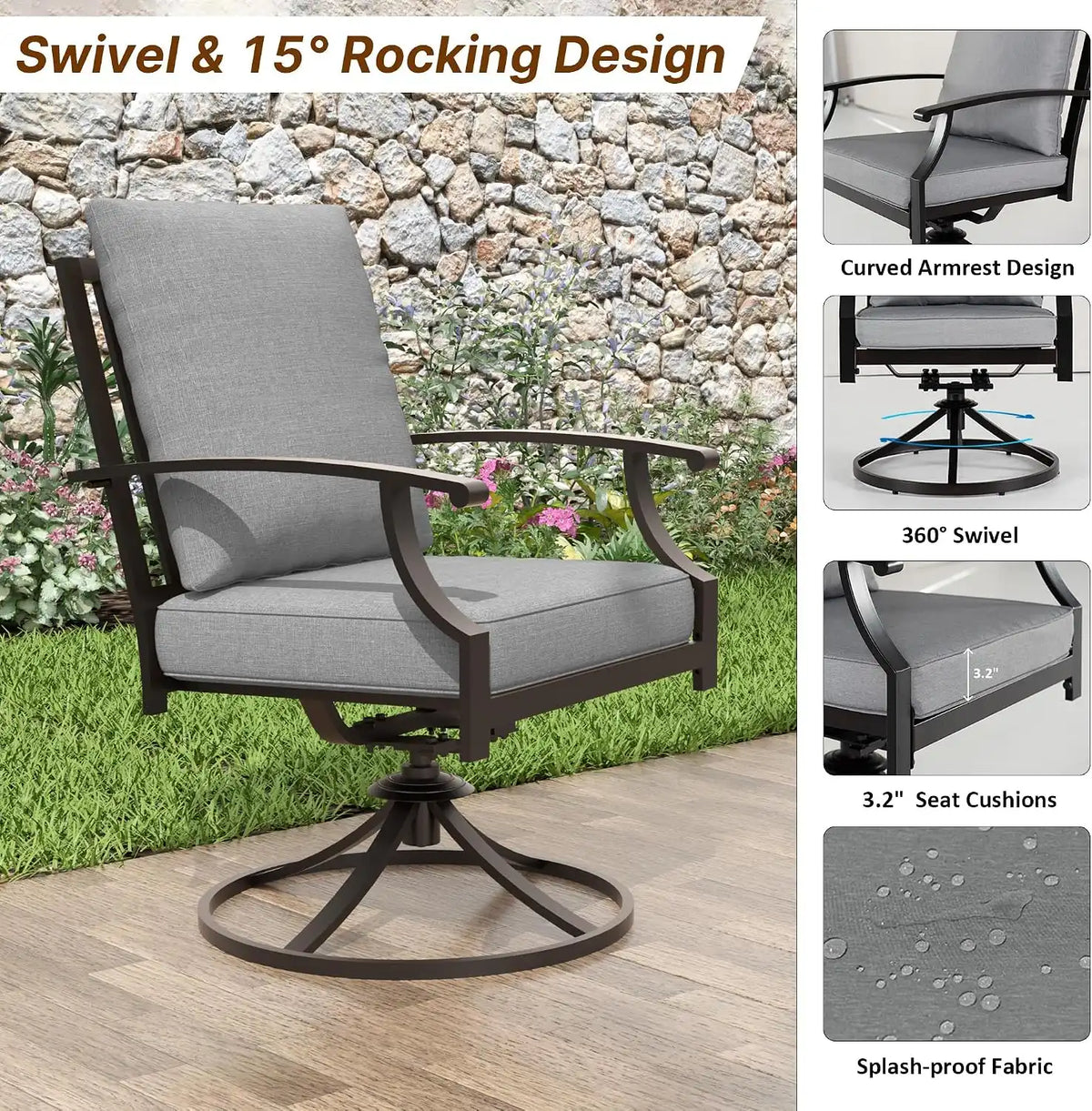 ALAULM 7-Piece Patio Dining Table and Chairs for 6 Outdoor Dining Set with 2 Swivel Chairs Patio Dining Sets with Rectangular Metal Table with Umbrella Hole for Patio, Backyard, Garden-Grey