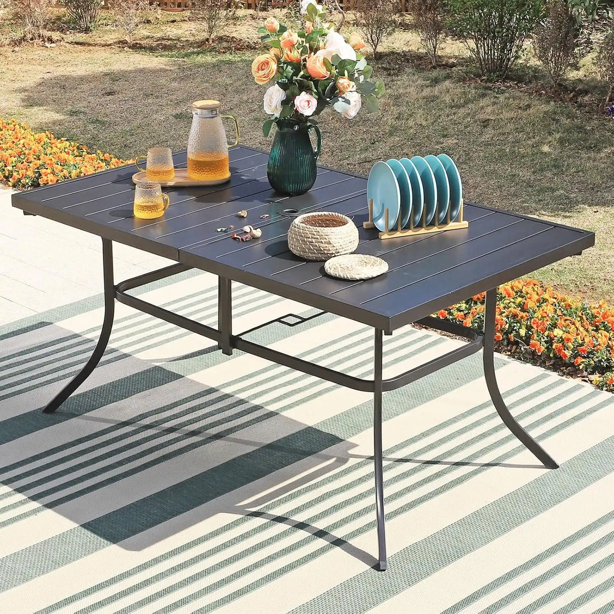 Sophia & William 7pc Patio Dining Set with Beige Umbrella, 6 Rattan Chairs
