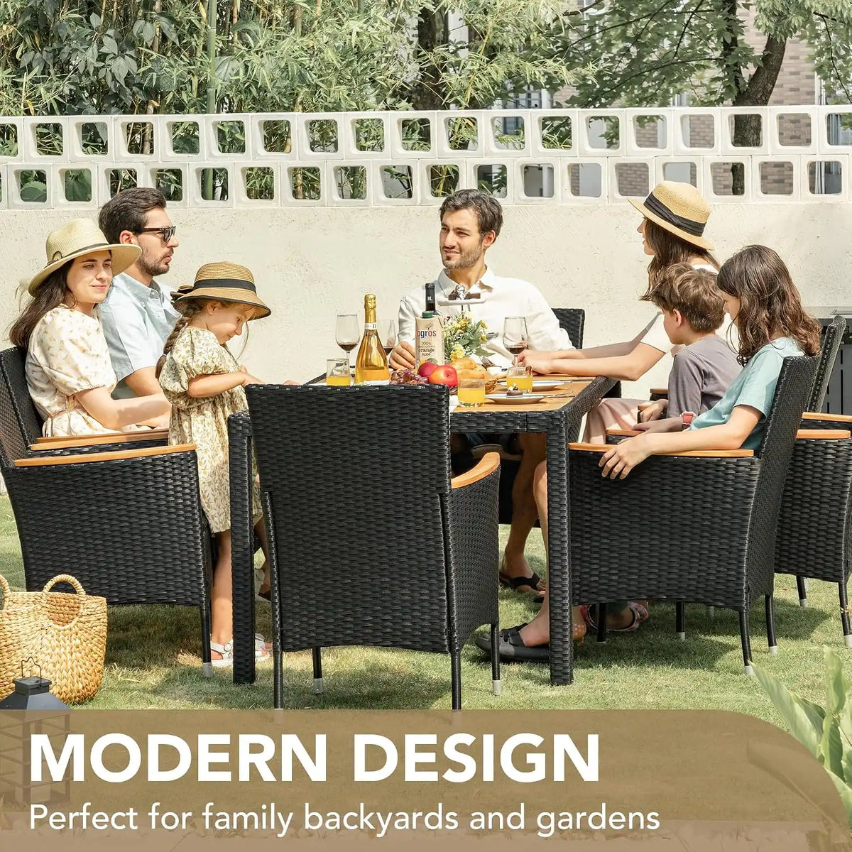 Devoko 9 PCS Acacia Wood Patio Dining Set, Black Rattan