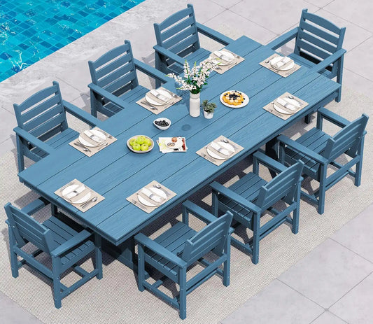 SERWALL 9Pcs 84" HDPE Outdoor Dining Set for 8 with Armchairs,Blue