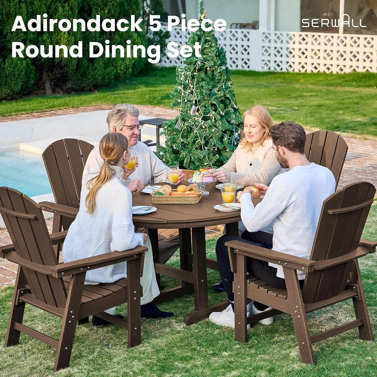 SERWALL 5-Piece Patio Dining Set, 45" Table & 4 Adirondack Chairs, Brown