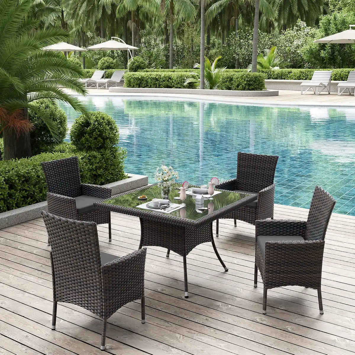 ALAULM 5 Piece Patio Dining Set All-Weather Wicker Outdoor Furniture Set w/Tempered Glass Tabletop, Removable Cushions and Umbrella Hole for Patio, Backyard, Garden, Poolside（Grey）