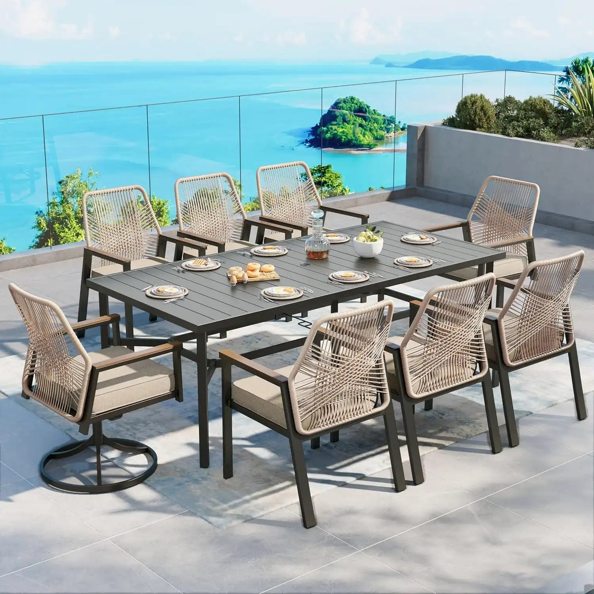 SUNSHINE VALLEY 9pc Patio Dining Set, 83" Metal Table & 8 Rattan Chairs