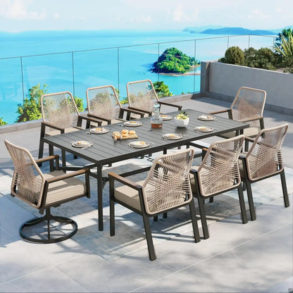 SUNSHINE VALLEY 9pc Patio Dining Set, 83" Metal Table & 8 Rattan Chairs